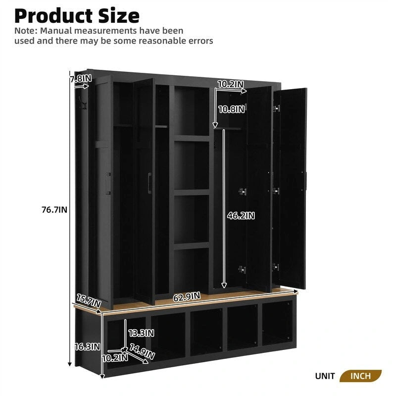 4-in-1 Hall Tree with Shoe Bench, Display Shelves and 6 Coat Hooks - Blue, White and Black