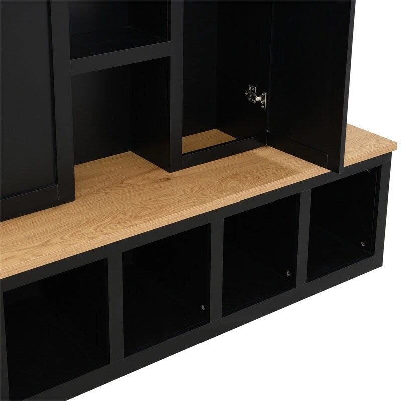 4-in-1 Hall Tree with Shoe Bench, Display Shelves and 6 Coat Hooks - Blue, White and Black