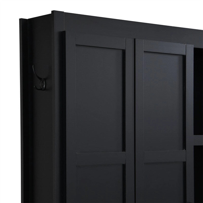 4-in-1 Hall Tree with Shoe Bench, Display Shelves and 6 Coat Hooks - Blue, White and Black