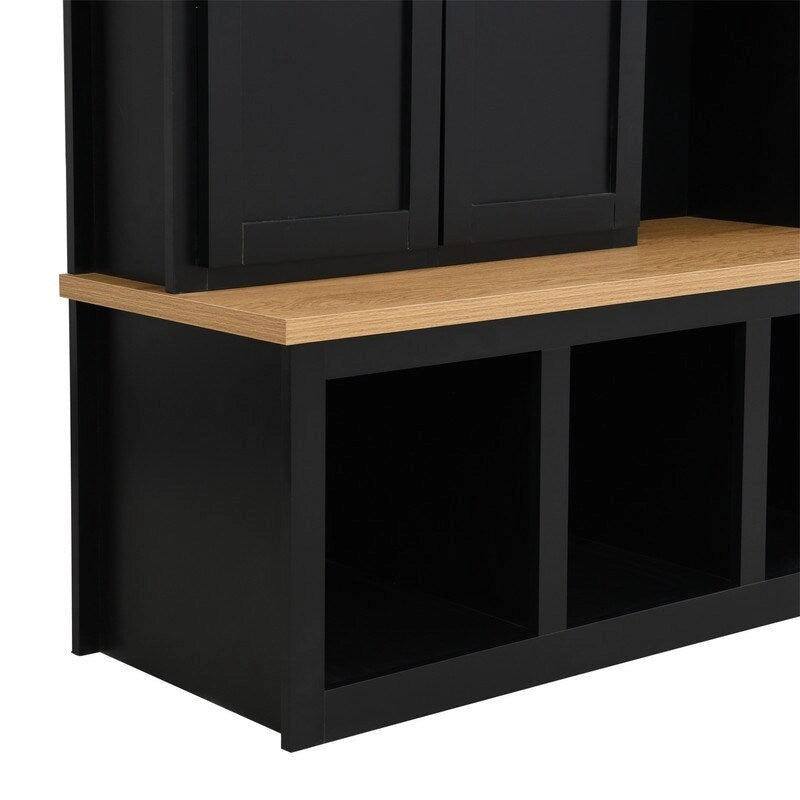 4-in-1 Hall Tree with Shoe Bench, Display Shelves and 6 Coat Hooks - Blue, White and Black