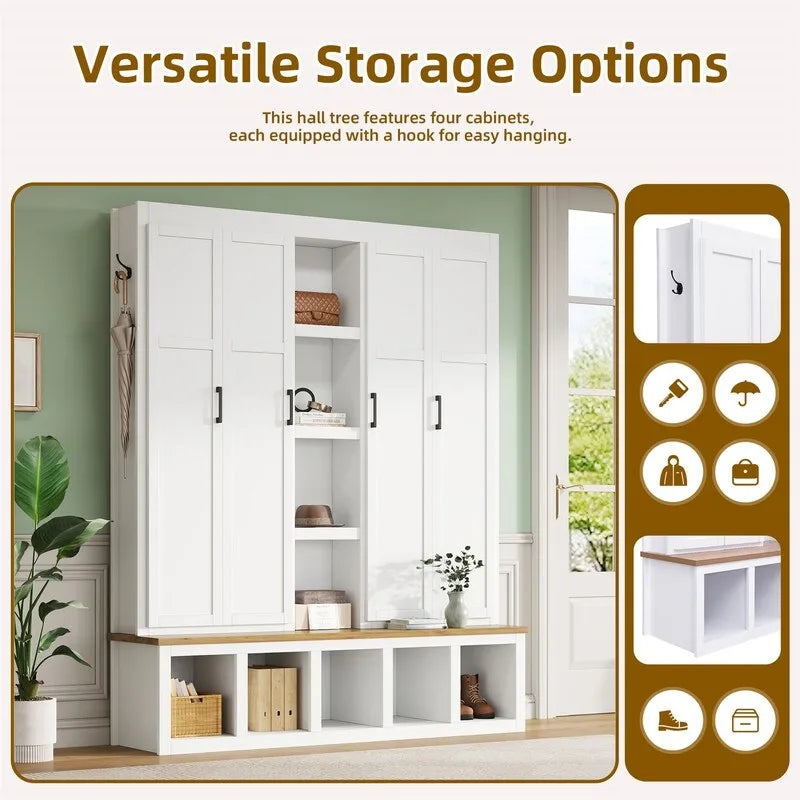 4-in-1 Hall Tree with Shoe Bench, Display Shelves and 6 Coat Hooks - Blue, White and Black