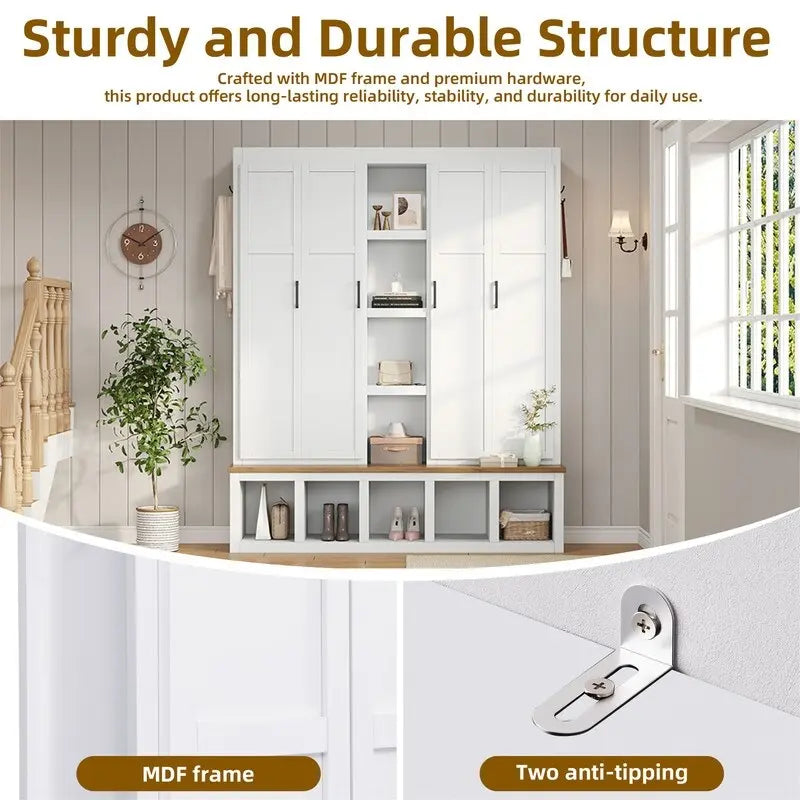 4-in-1 Hall Tree with Shoe Bench, Display Shelves and 6 Coat Hooks - Blue, White and Black