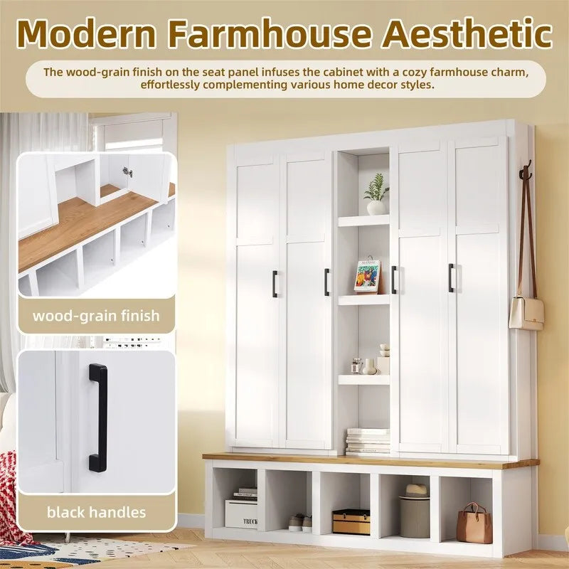 4-in-1 Hall Tree with Shoe Bench, Display Shelves and 6 Coat Hooks - Blue, White and Black