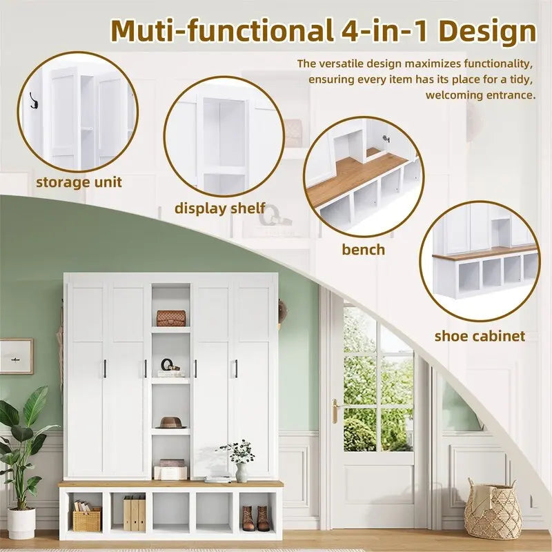 4-in-1 Hall Tree with Shoe Bench, Display Shelves and 6 Coat Hooks - Blue, White and Black