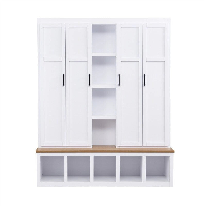 4-in-1 Hall Tree with Shoe Bench, Display Shelves and 6 Coat Hooks - Blue, White and Black