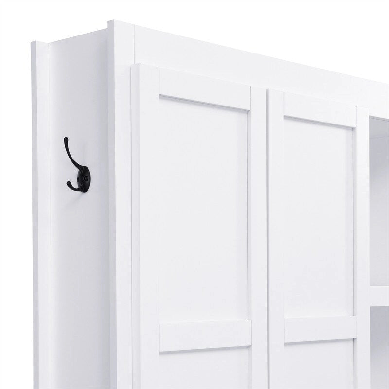 4-in-1 Hall Tree with Shoe Bench, Display Shelves and 6 Coat Hooks - Blue, White and Black