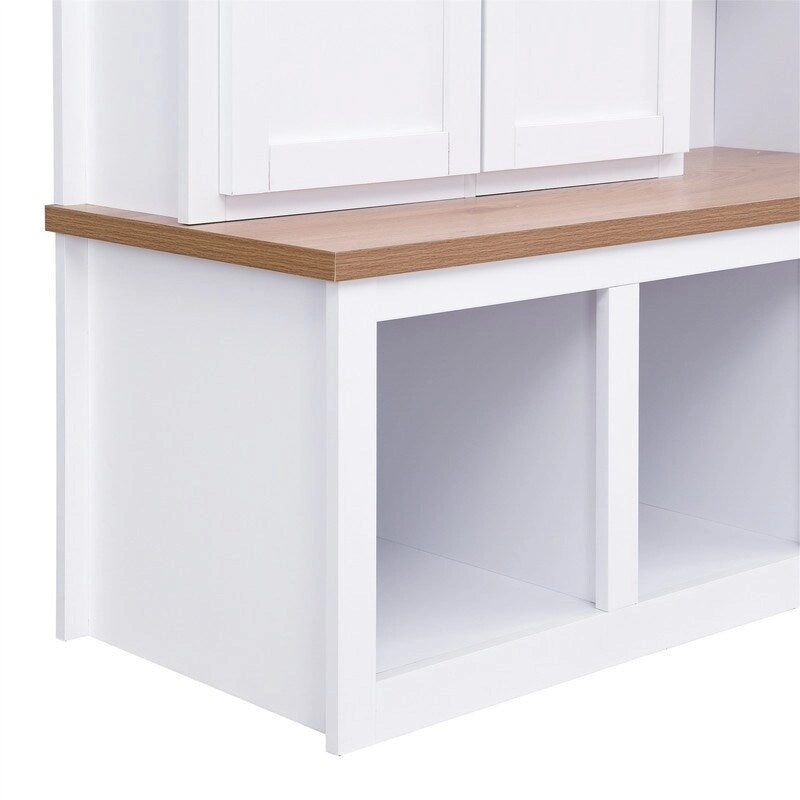 4-in-1 Hall Tree with Shoe Bench, Display Shelves and 6 Coat Hooks - Blue, White and Black