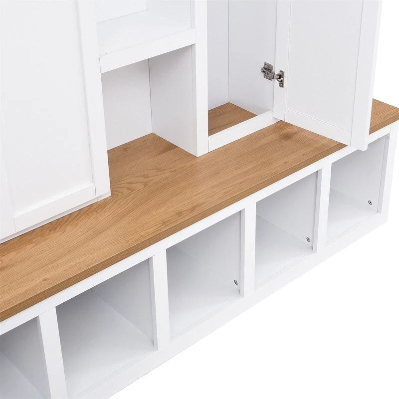 4-in-1 Hall Tree with Shoe Bench, Display Shelves and 6 Coat Hooks - Blue, White and Black