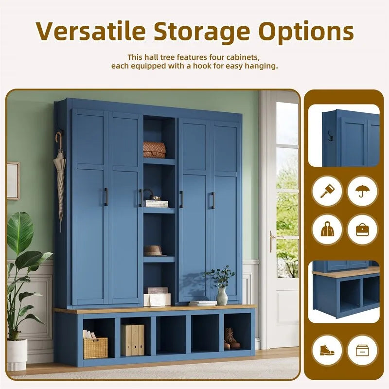 4-in-1 Hall Tree with Shoe Bench, Display Shelves and 6 Coat Hooks - Blue, White and Black