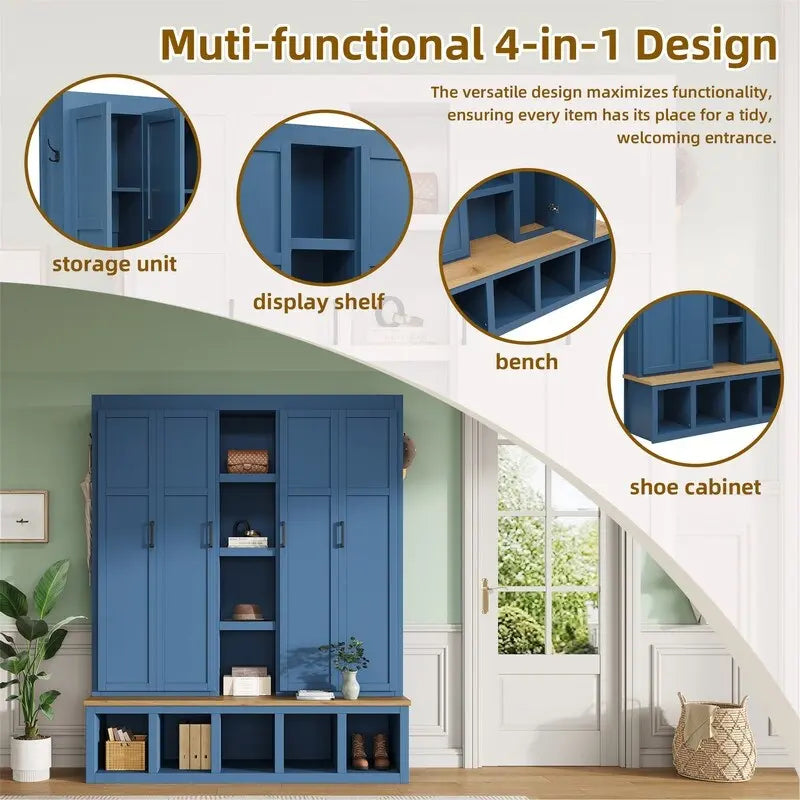 4-in-1 Hall Tree with Shoe Bench, Display Shelves and 6 Coat Hooks - Blue, White and Black
