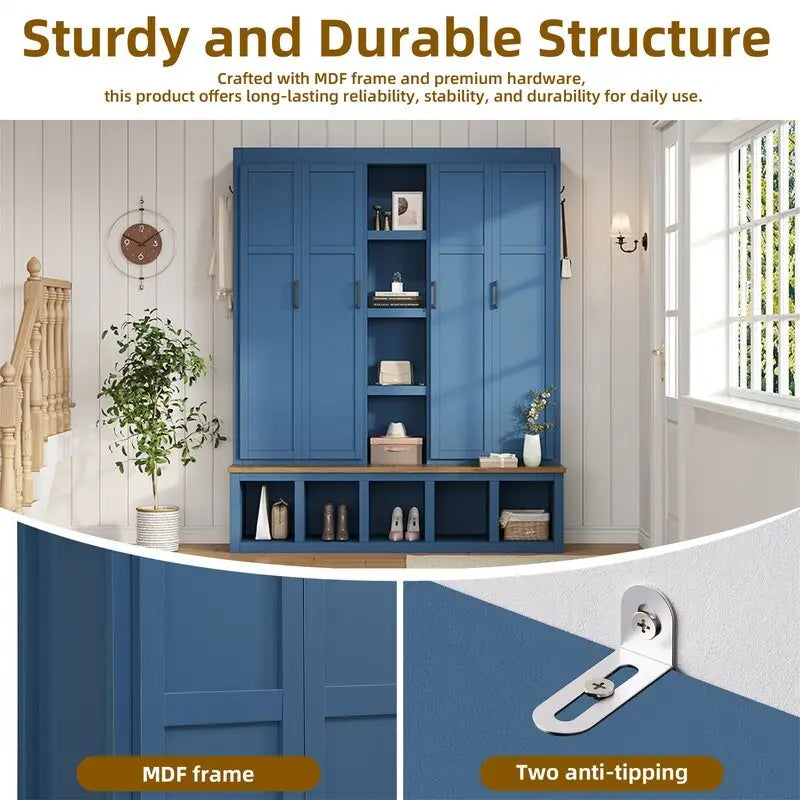 4-in-1 Hall Tree with Shoe Bench, Display Shelves and 6 Coat Hooks - Blue, White and Black