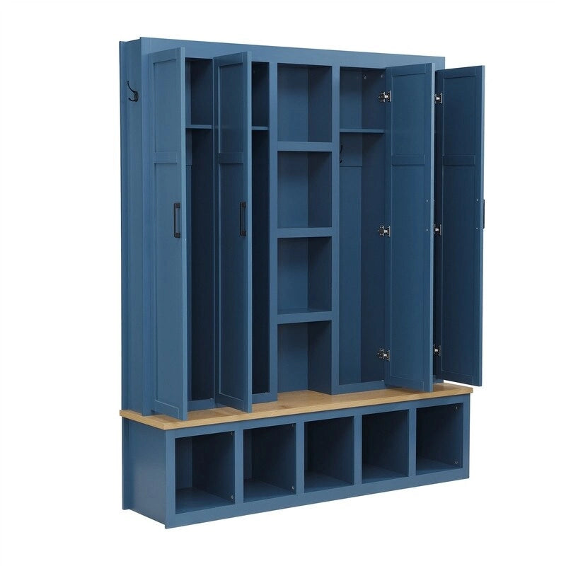 4-in-1 Hall Tree with Shoe Bench, Display Shelves and 6 Coat Hooks - Blue, White and Black