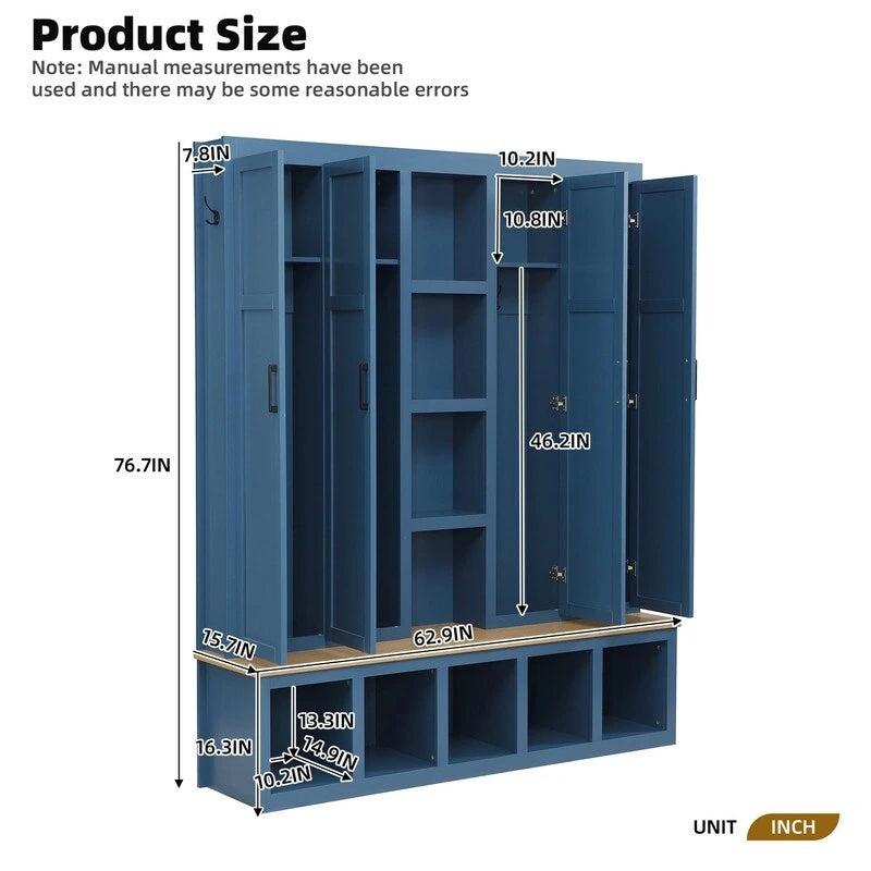 4-in-1 Hall Tree with Shoe Bench, Display Shelves and 6 Coat Hooks - Blue, White and Black