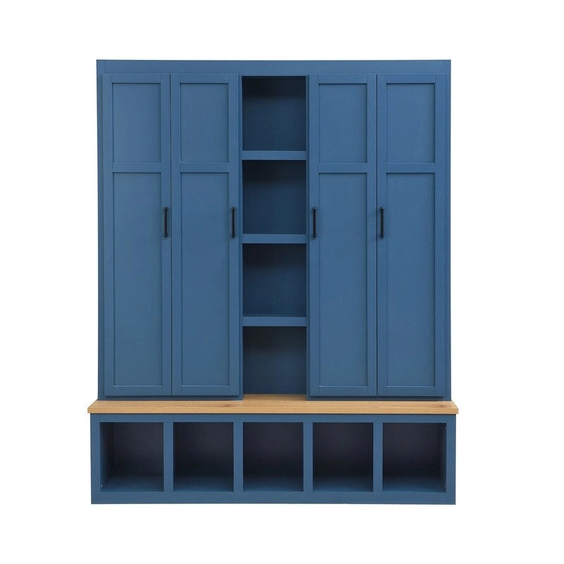 4-in-1 Hall Tree with Shoe Bench, Display Shelves and 6 Coat Hooks - Blue, White and Black