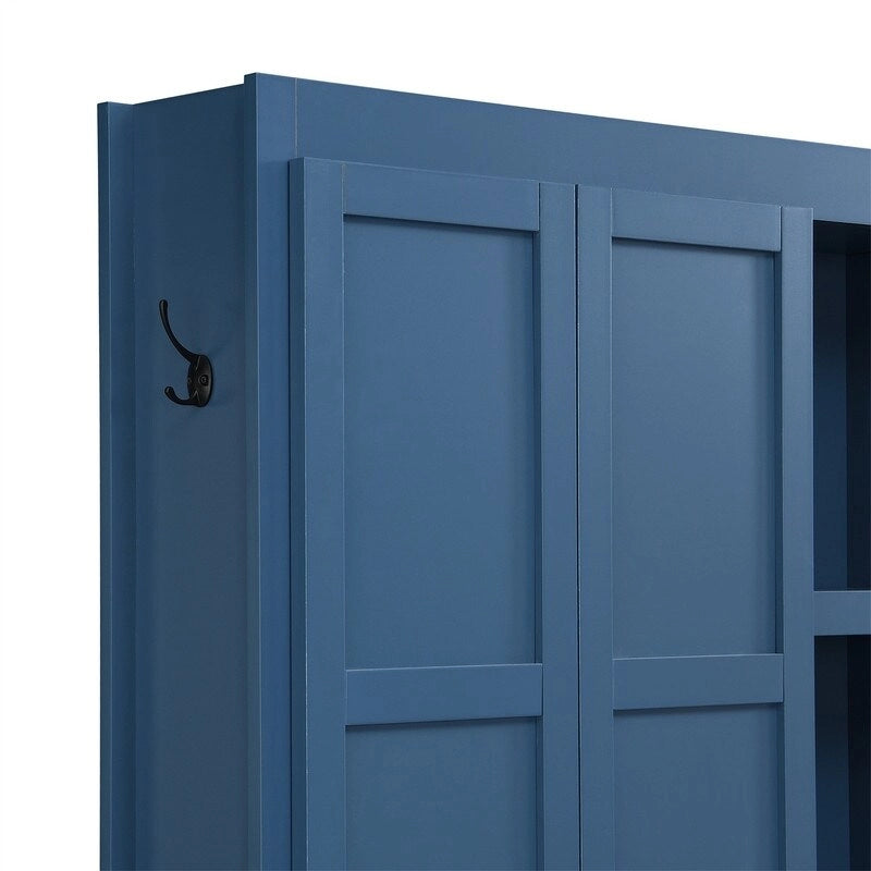 4-in-1 Hall Tree with Shoe Bench, Display Shelves and 6 Coat Hooks - Blue, White and Black