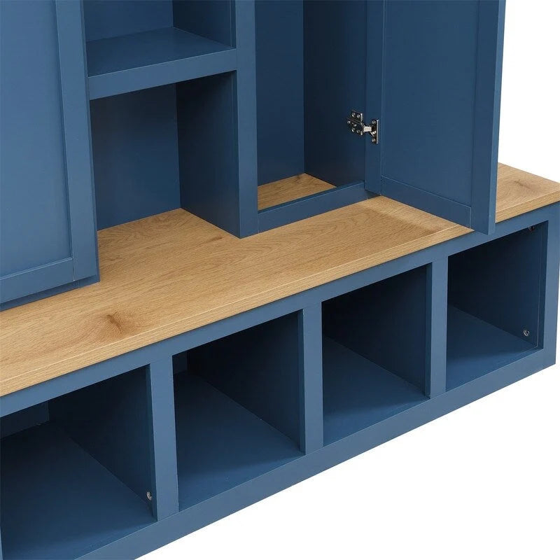 4-in-1 Hall Tree with Shoe Bench, Display Shelves and 6 Coat Hooks - Blue, White and Black
