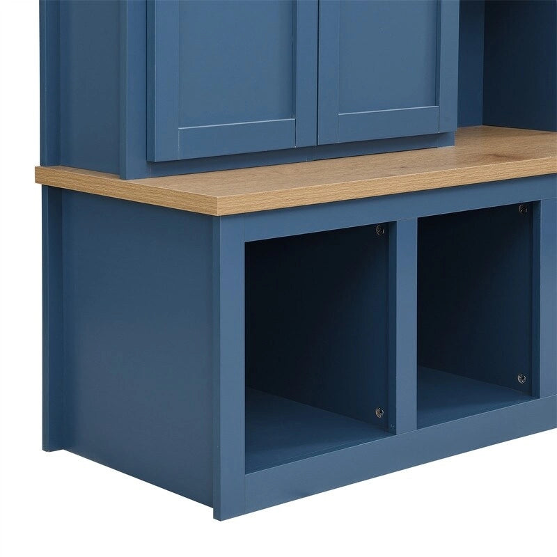 4-in-1 Hall Tree with Shoe Bench, Display Shelves and 6 Coat Hooks - Blue, White and Black