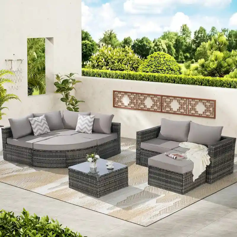 8 Piece Outdoor Patio Sofa Set, Sectional L- Shaped Patio Furniture Wicker Patio Conversation Set