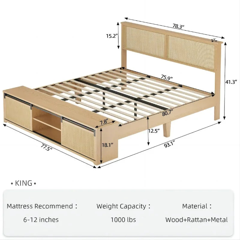 Natural Rattan Bed Frame with Sliding Barn Door Storage - King, Queen, Full