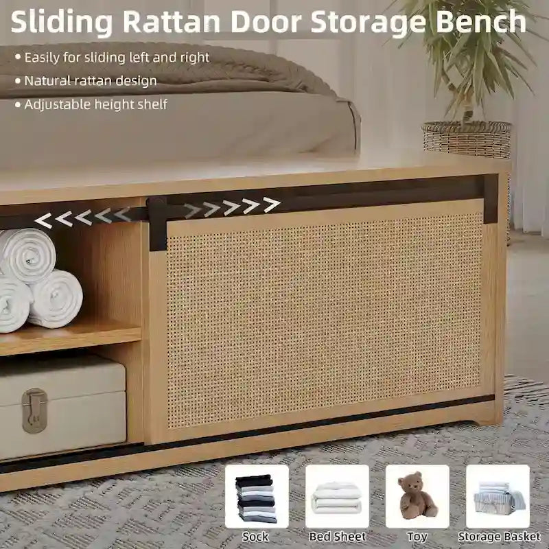 Natural Rattan Bed Frame with Sliding Barn Door Storage - King, Queen, Full