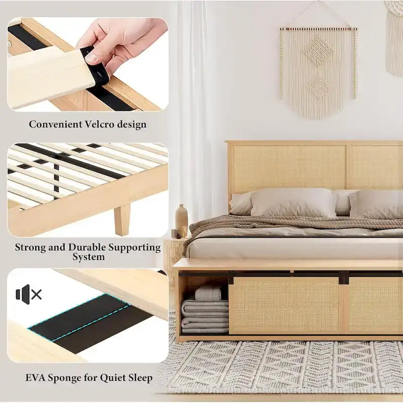 Natural Rattan Bed Frame with Sliding Barn Door Storage - King, Queen, Full