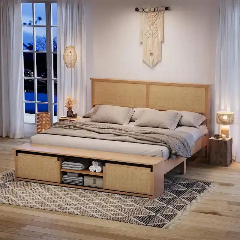Natural Rattan Bed Frame with Sliding Barn Door Storage - King, Queen, Full