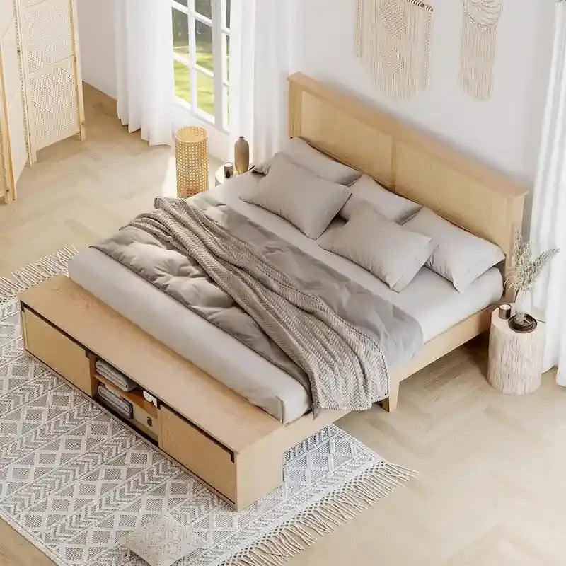 Natural Rattan Bed Frame with Sliding Barn Door Storage - King, Queen, Full