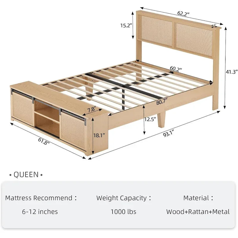 Natural Rattan Bed Frame with Sliding Barn Door Storage - King, Queen, Full