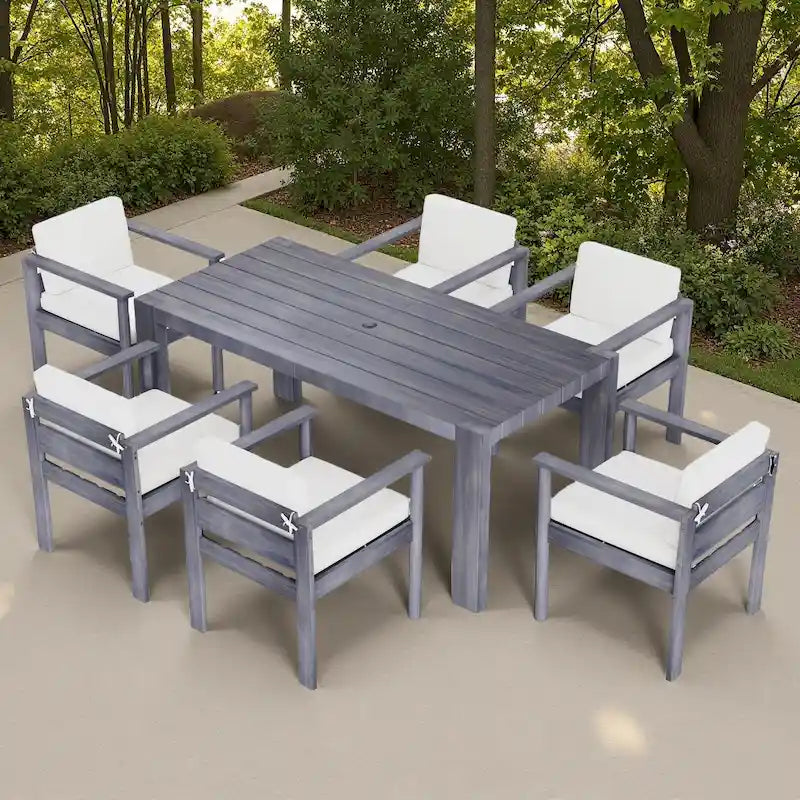 7-Piece Outdoor Patio Acacia Wood Dining Set with Umbrella Hole and 6 Cushioned Low Back Chairs