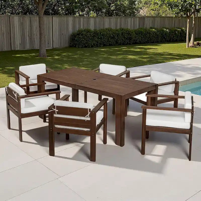 7-Piece Outdoor Patio Acacia Wood Dining Set with Umbrella Hole and 6 Cushioned Low Back Chairs
