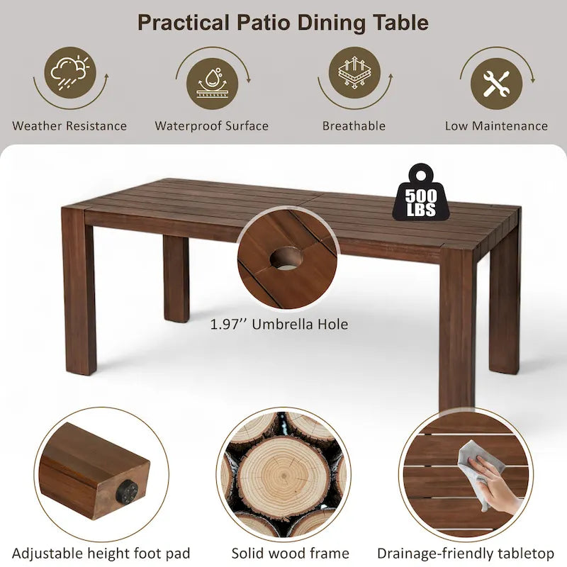 7-Piece Outdoor Patio Acacia Wood Dining Set with Umbrella Hole and 6 Cushioned Low Back Chairs