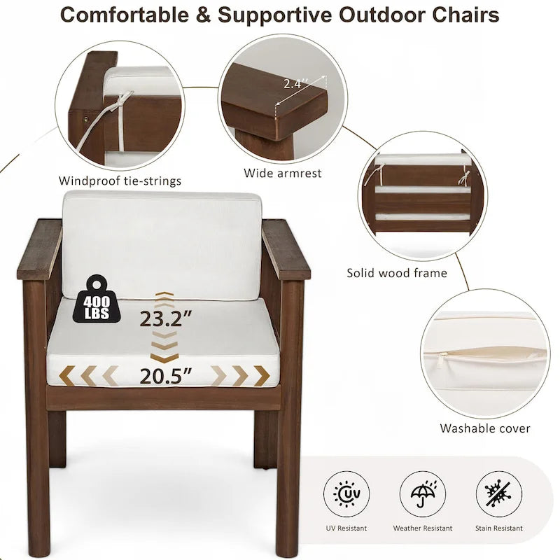 7-Piece Outdoor Patio Acacia Wood Dining Set with Umbrella Hole and 6 Cushioned Low Back Chairs