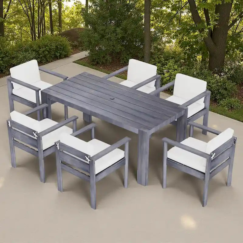 7-Piece Outdoor Patio Acacia Wood Dining Set with Umbrella Hole and 6 Cushioned Low Back Chairs