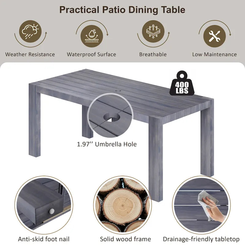 7-Piece Outdoor Patio Acacia Wood Dining Set with Umbrella Hole and 6 Cushioned Low Back Chairs