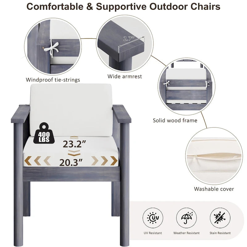 7-Piece Outdoor Patio Acacia Wood Dining Set with Umbrella Hole and 6 Cushioned Low Back Chairs