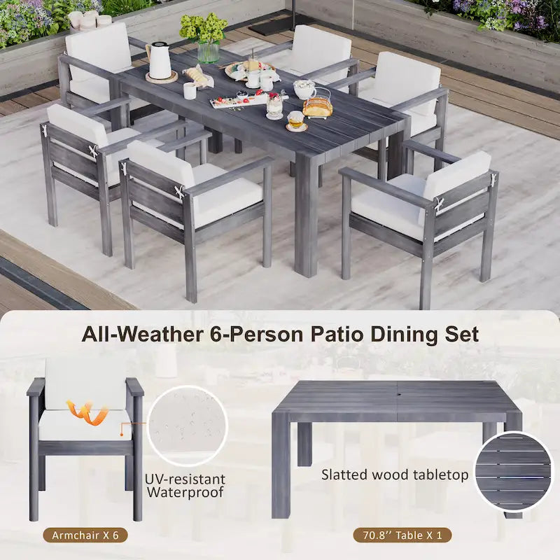 7-Piece Outdoor Patio Acacia Wood Dining Set with Umbrella Hole and 6 Cushioned Low Back Chairs