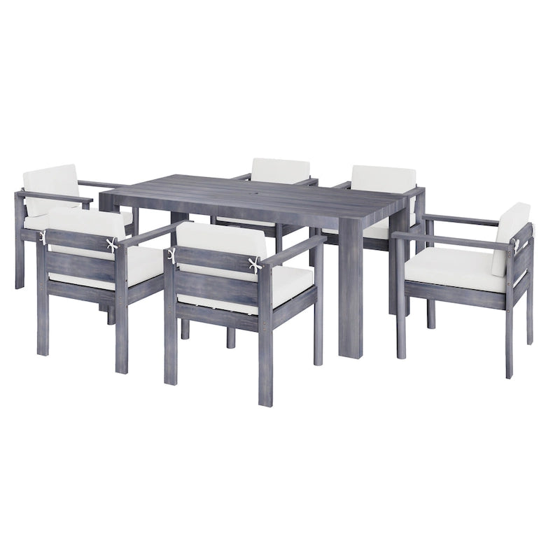 7-Piece Outdoor Patio Acacia Wood Dining Set with Umbrella Hole and 6 Cushioned Low Back Chairs
