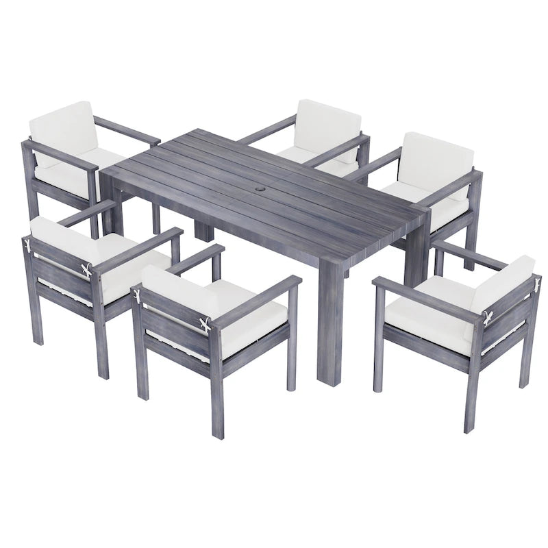 7-Piece Outdoor Patio Acacia Wood Dining Set with Umbrella Hole and 6 Cushioned Low Back Chairs