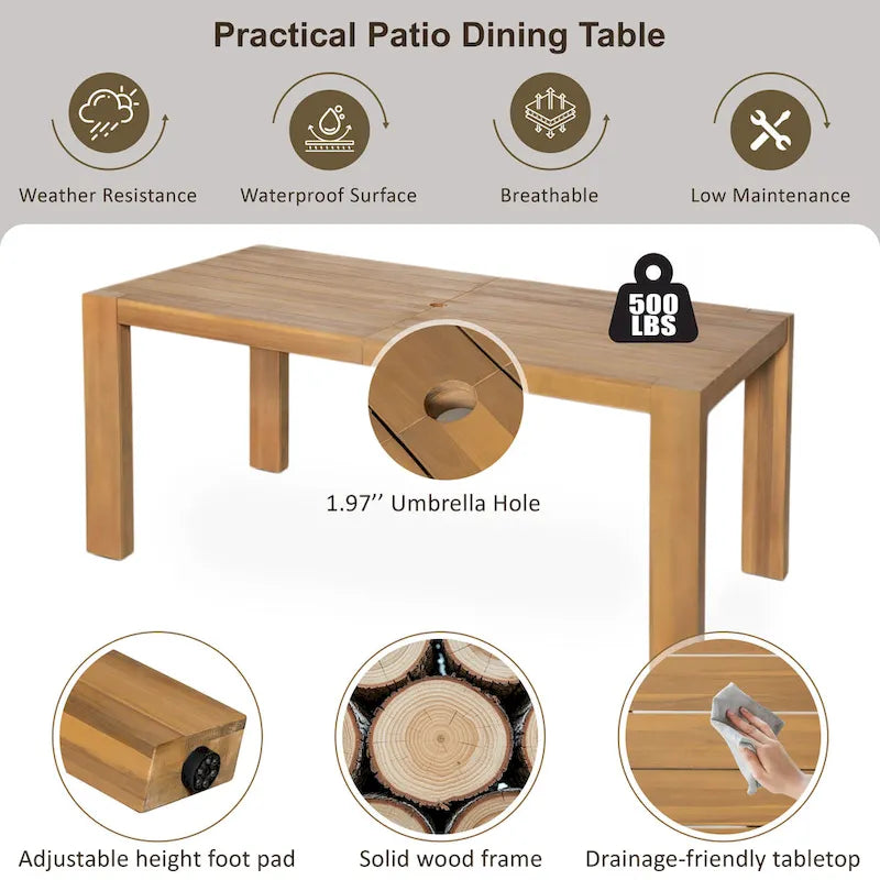 7-Piece Outdoor Patio Acacia Wood Dining Set with Umbrella Hole and 6 Cushioned Low Back Chairs
