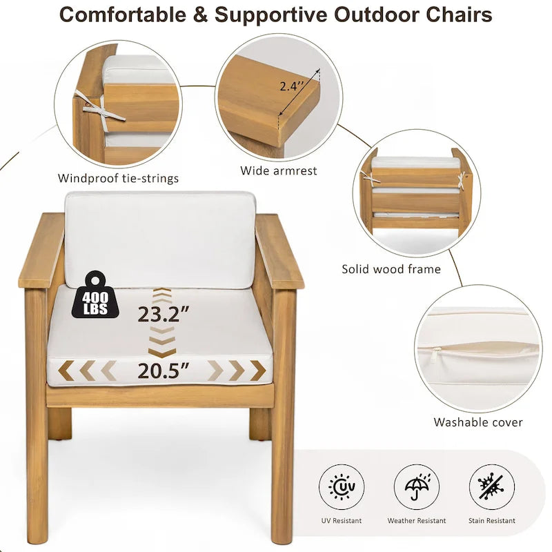 7-Piece Outdoor Patio Acacia Wood Dining Set with Umbrella Hole and 6 Cushioned Low Back Chairs