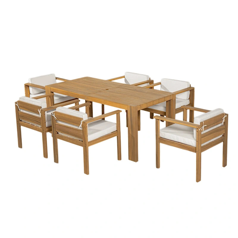 7-Piece Outdoor Patio Acacia Wood Dining Set with Umbrella Hole and 6 Cushioned Low Back Chairs