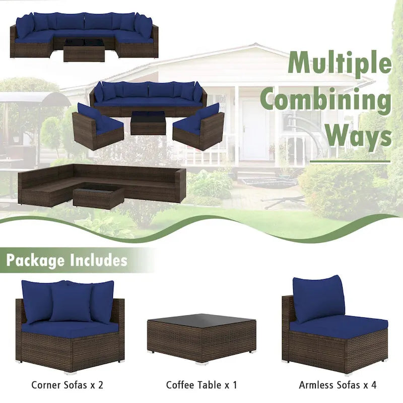 Costway 7 PCS Patio Rattan Furniture Set Sectional Sofa Cushioned - See Details
