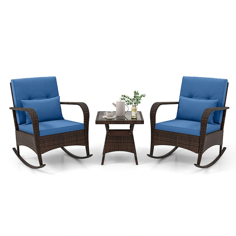 Gymax 3 Piece Outdoor Rocking Set Rattan Rocker Chairs w/ Tempered