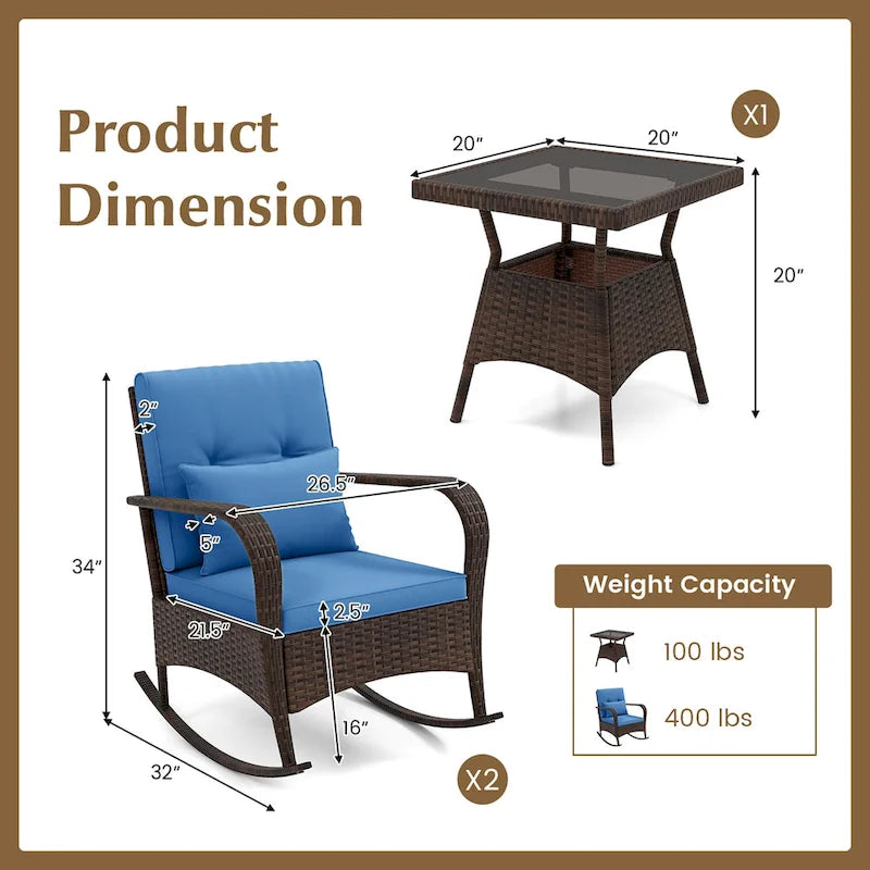 Gymax 3 Piece Outdoor Rocking Set Rattan Rocker Chairs w/ Tempered