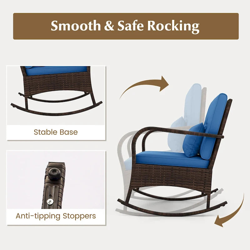 Gymax 3 Piece Outdoor Rocking Set Rattan Rocker Chairs w/ Tempered