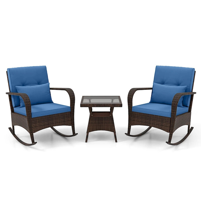 Gymax 3 Piece Outdoor Rocking Set Rattan Rocker Chairs w/ Tempered