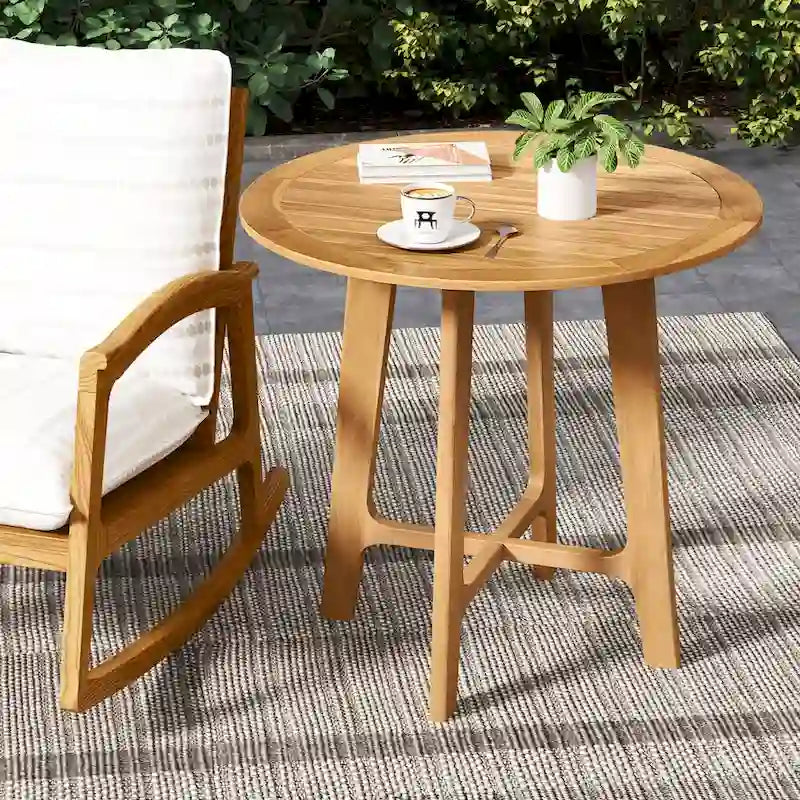 Gymax 31.5  Patio Dining Table Round Teak Wood Dining Table w/