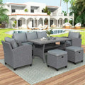 6 Pcs Outdoor Rattan Wicker Sofa Set, Patio Sectional Furniture Set with 2 Single Chair and Sofa, 2 Ottomans and Dining Table