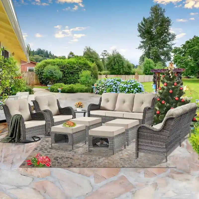 9 Piece Patio Furniture Set with Swivel Rocker Chair and Outdoor Sofa