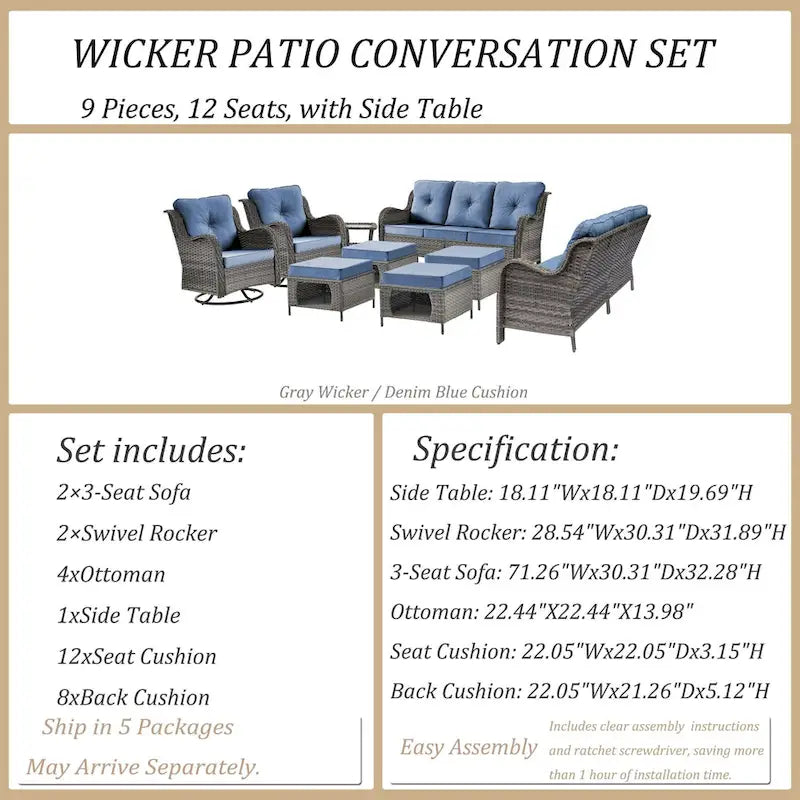 9 Piece Patio Furniture Set with Swivel Rocker Chair and Outdoor Sofa